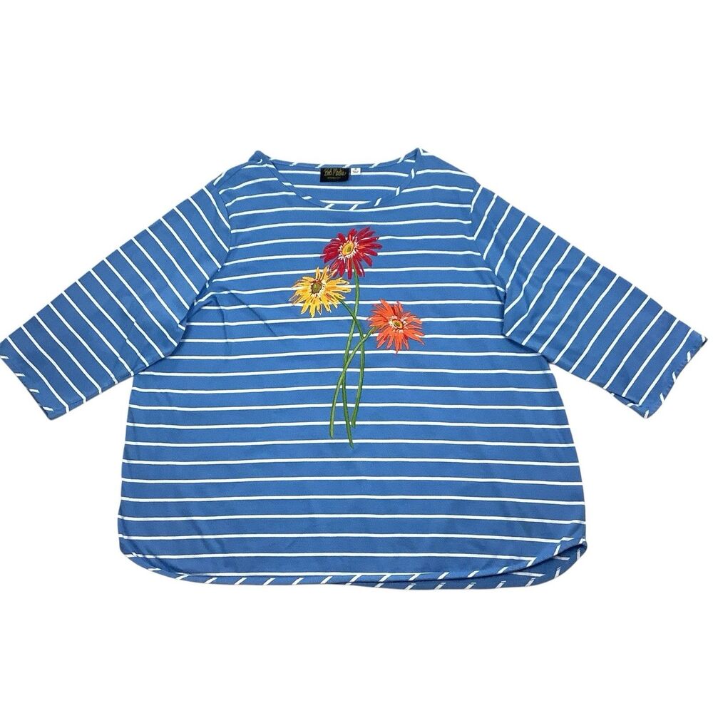 Wearable Art Blue White Striped 3/4 Sleeve Top Shirt Women 3X Floral Embroidered